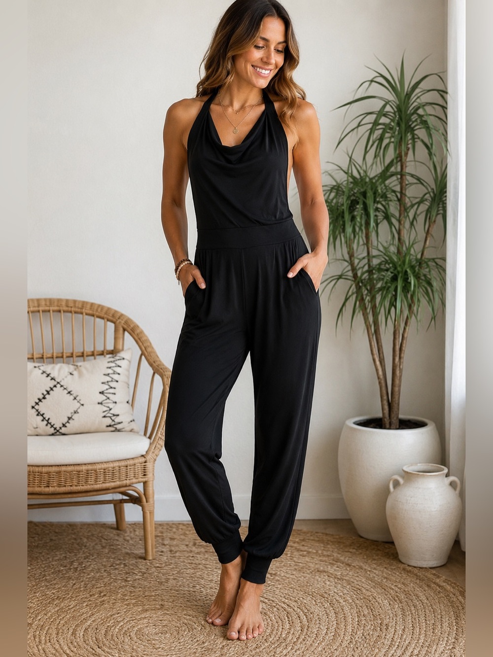 Aria Lattner Black Halter Jumpsuit Large Bamboo Cotton Handmade Austin TX NWT